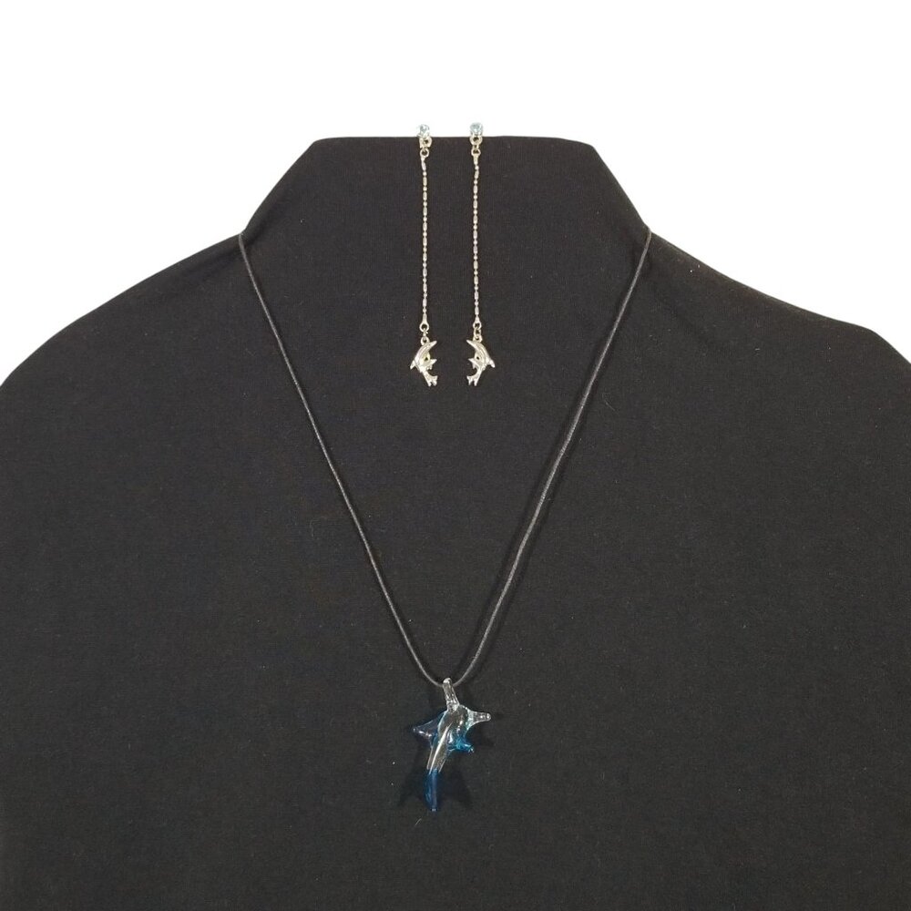 Dolphin Jewelry Aquamarine Dolphin Earrings & Blown Glass Dolphin Necklace